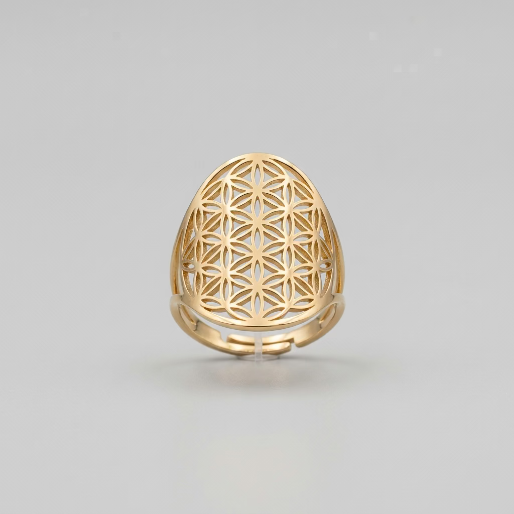 Goudkleurige ring met opengewerkt Flower of Life patroon, achterkant 