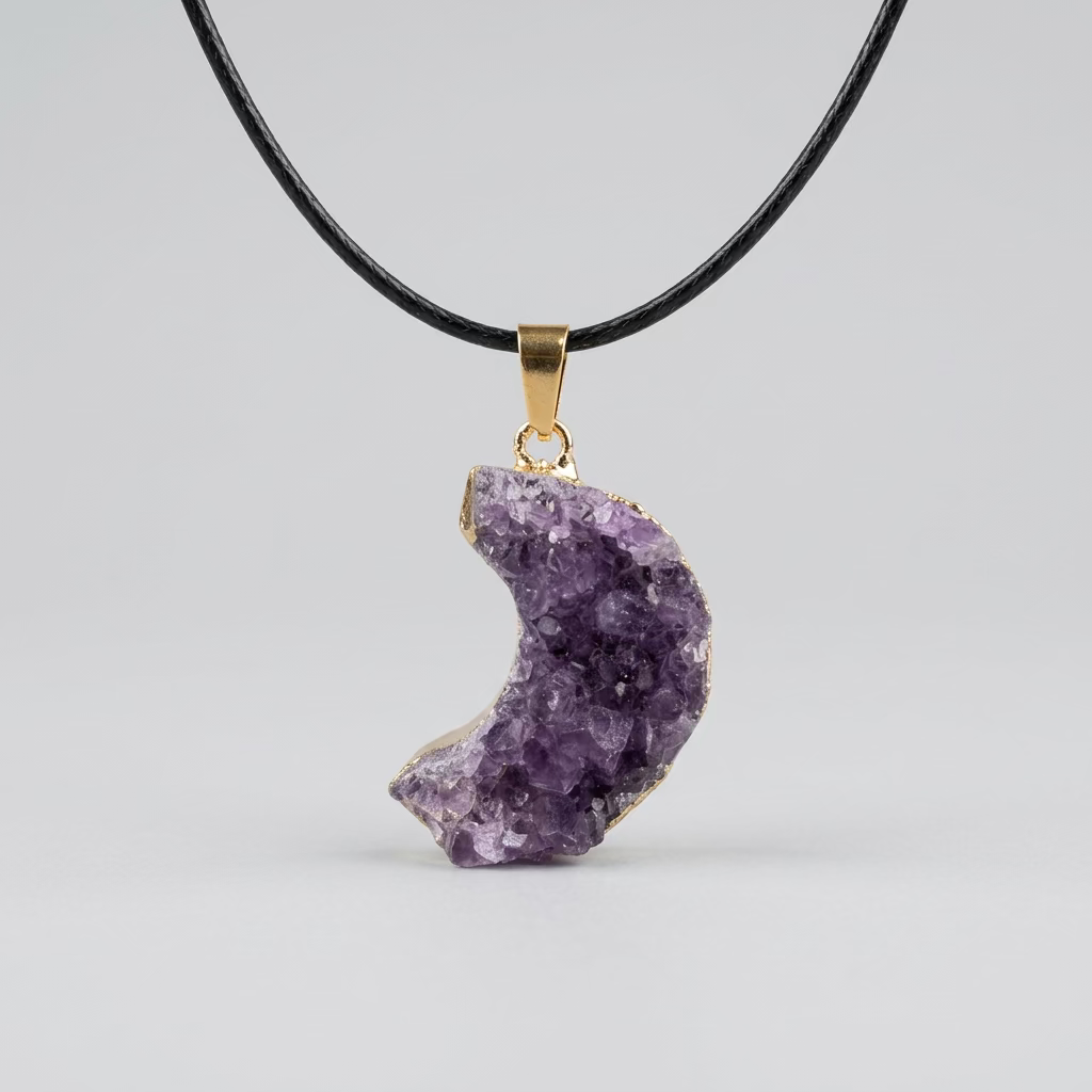 Amethist maanhanger met dieppaarse kristallen, een goudkleurig ophangoog en zwart koord 