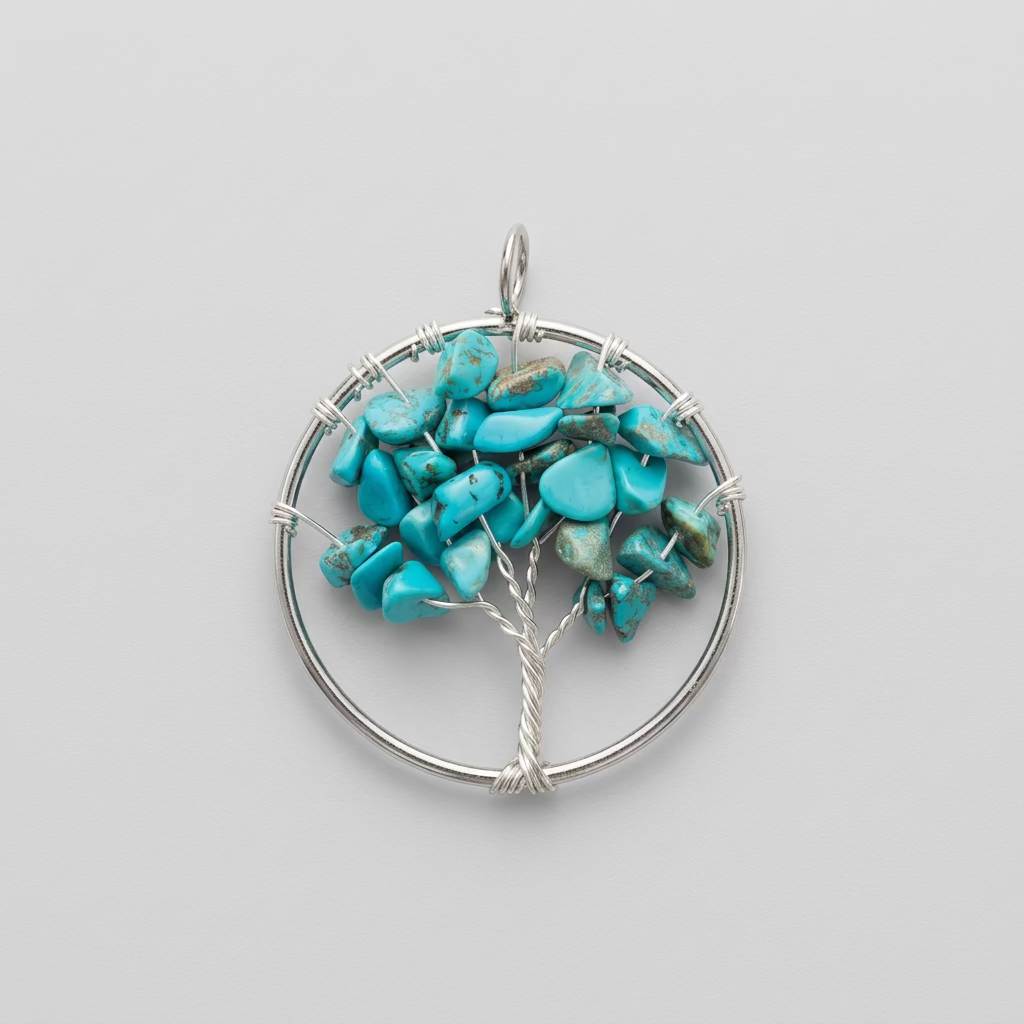 Ronde levensboomhanger met zilverkleurig draadwerk en turquoiseblauwe steentjes
