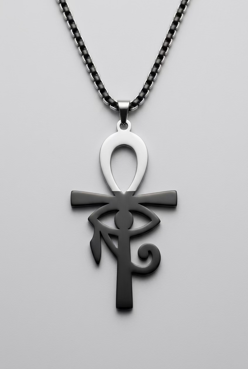 Zilverkleurige ankh hanger met Oog van Horus aan een schakelketting 