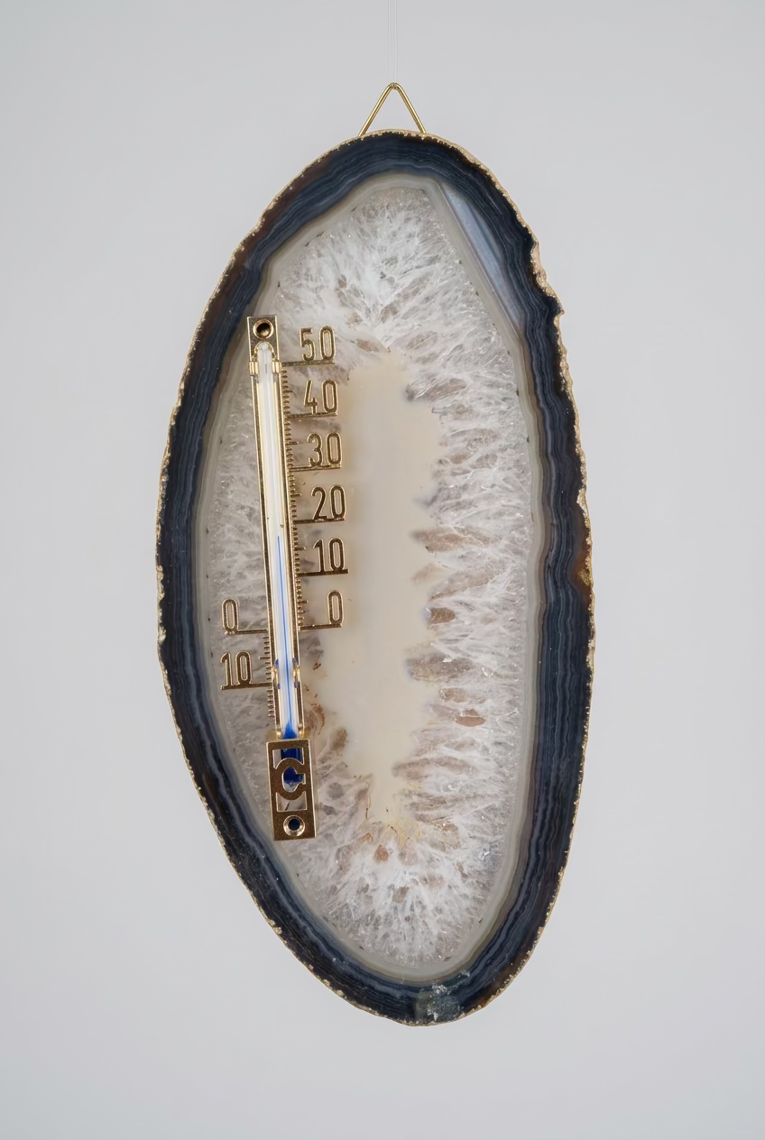 Langwerpige agaatschijf met thermometer en ophanghaakje, donkere buitenrand en een wit kristallijn midden