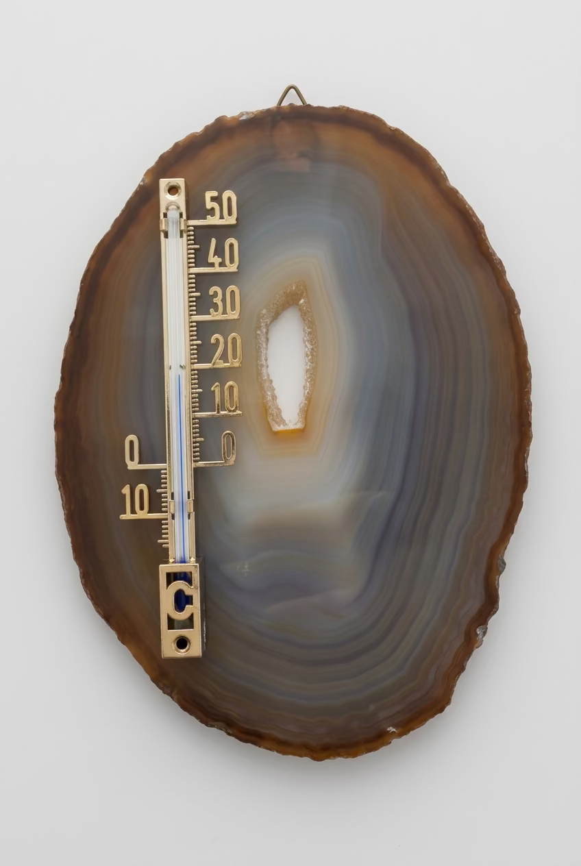 Agaatschijf met grijsblauwe banden, een kristalrandje rond het open midden en een thermometer, op een houten ondergrond