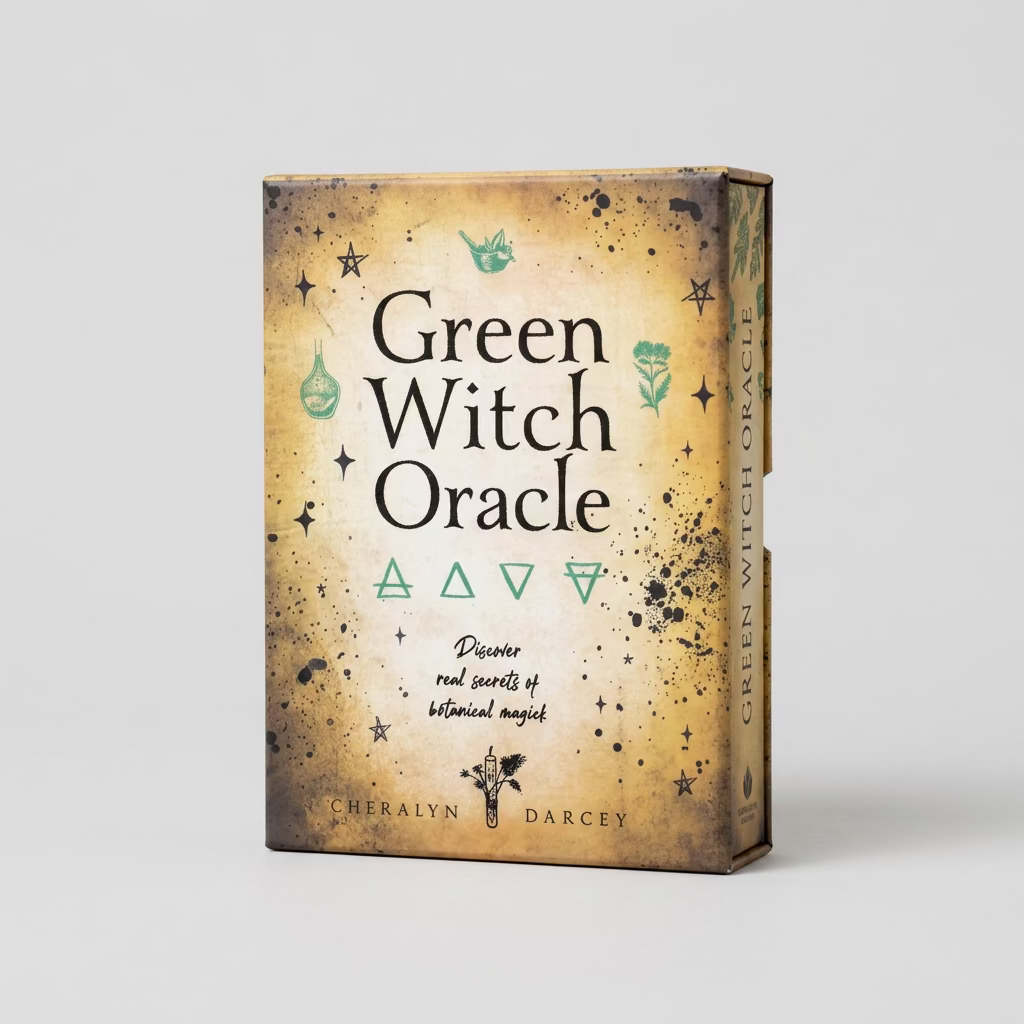 Verpakking van Green Witch Oracle van Cheralyn Darcey met botanische illustraties en groene elementsymbolen. 