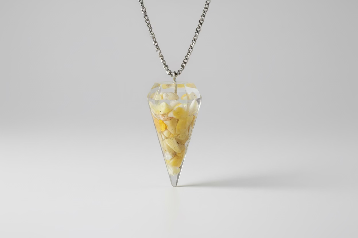 Handgemaakte orgoniet pendel met gele jaspis bol aan kettinkje