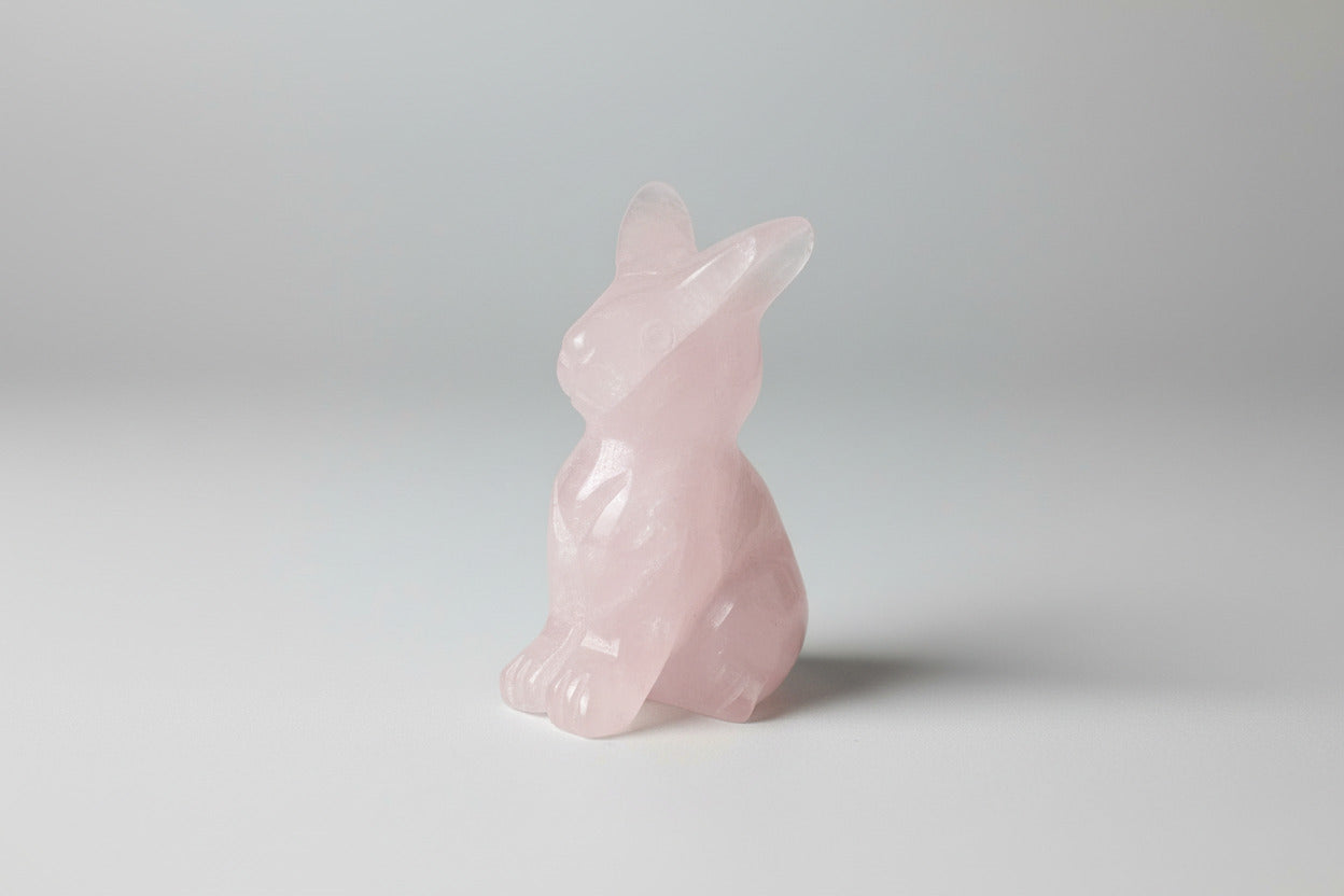 Rozenkwarts konijntje 8 gram handgesneden miniatuur, 5 cm hoog, natuurlijk rozenkwarts met zachte roze kleur 