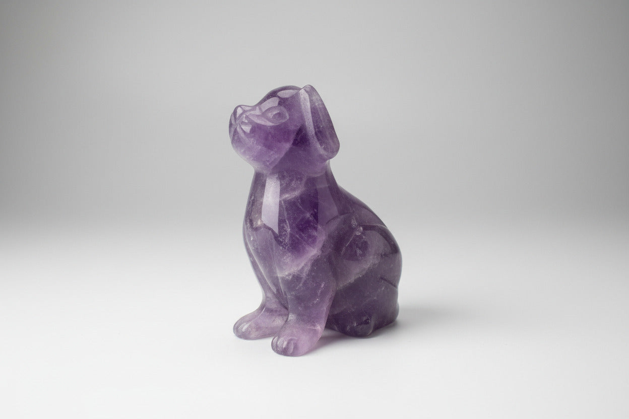 Amethist hondje 34 gram handgesneden miniatuur, 4,5 cm hoog, natuurlijk amethist met paarse kleur 