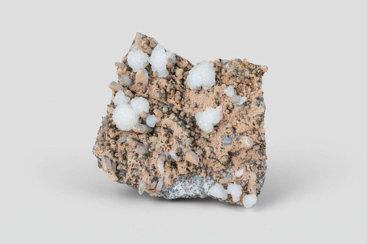 Vierkant okeniet specimen op kwartsmatrix met pyriet van 1622 gram, 20 cm breed en 17 cm hoog, witte pluizige okeniet formaties met gouden pyriet accenten