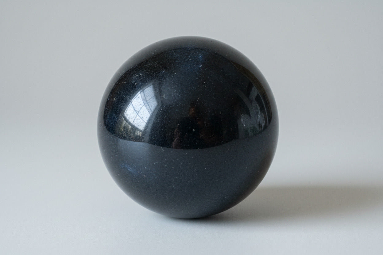 Zilver obsidiaan bol 128 gram, 5 cm diameter, gepolijst met natuurlijke zilverachtige glans en insluitsels