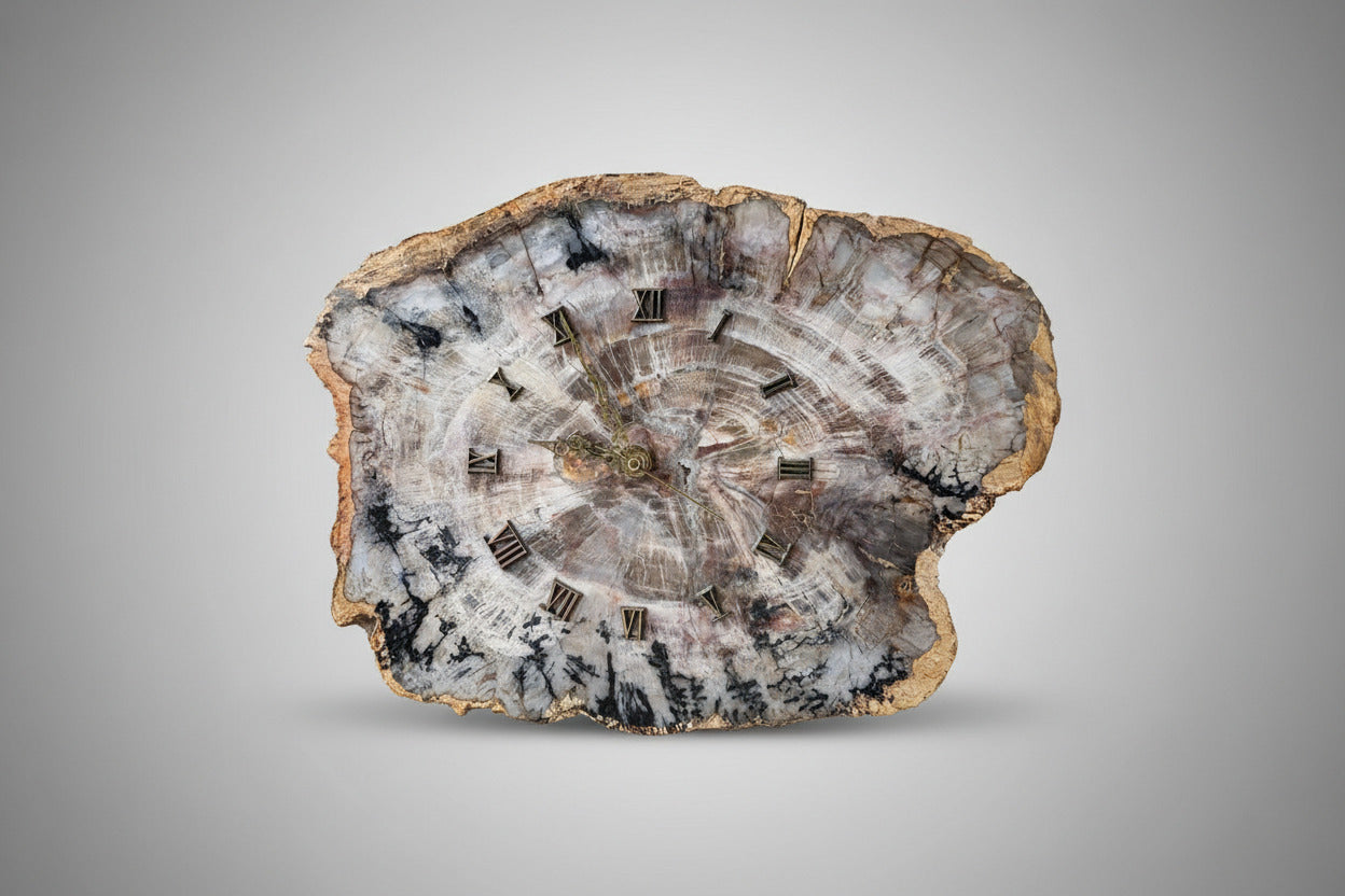 Klok van versteend hout 992 gram, 28x21 cm, uniek natuurlijk kunstwerk op AA batterij met authentieke fossiele patronen 