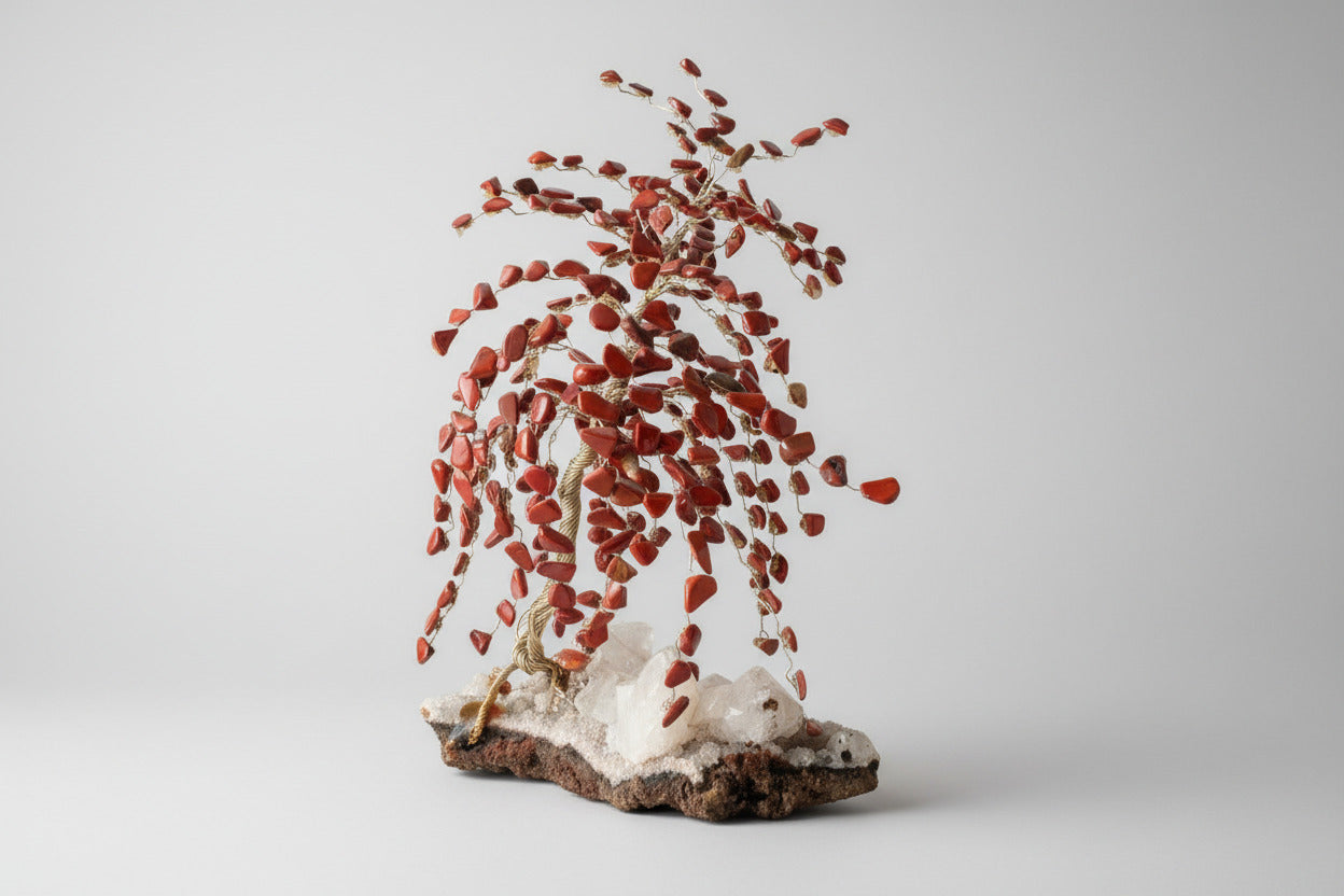 Amethist edelsteenboompje met rode jaspis chips als blaadjes op ruw amethist basis met bergkristal voet, handgemaakt 