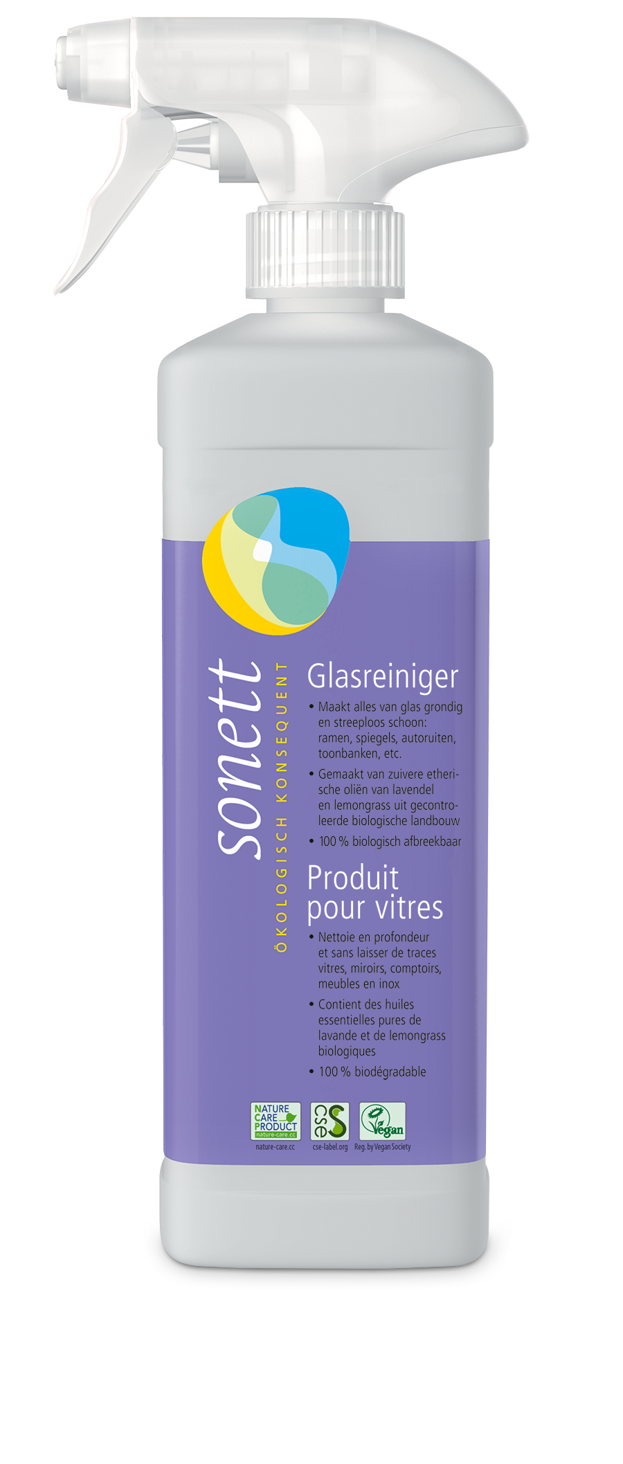 Sonett glasreiniger 500ml met lavendel en citroengras, biologisch en streeploos voor ramen, spiegels en autoruiten
