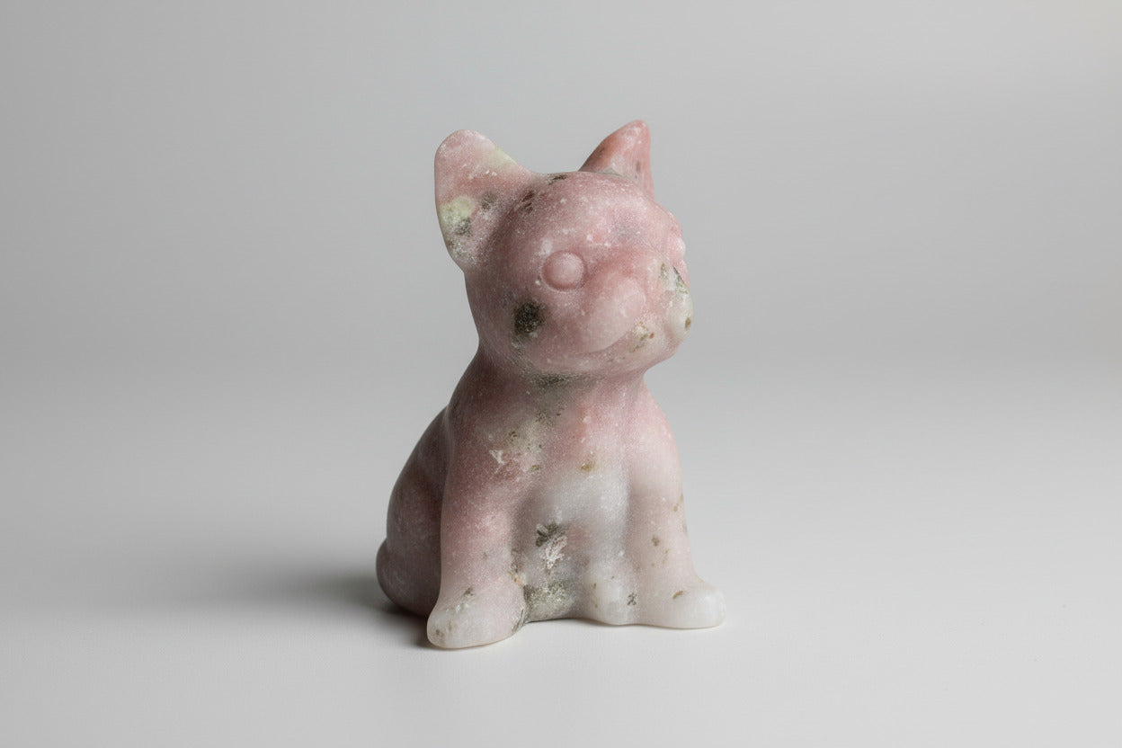 Handgesneden Franse Bulldog van roze opaal, 79 gram, 6cm hoog, met zachte roze tinten