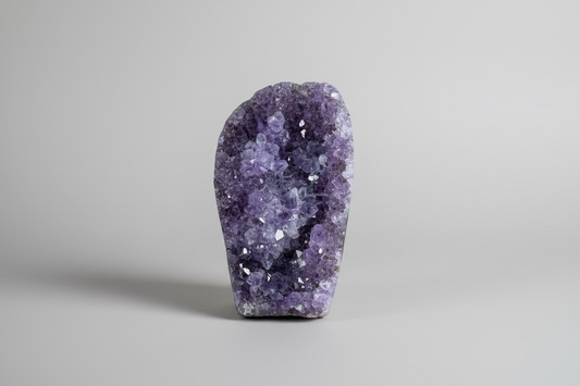 Amethist geode cut base Š paarse kristallen binnenkant op natuurlijke ondergrond