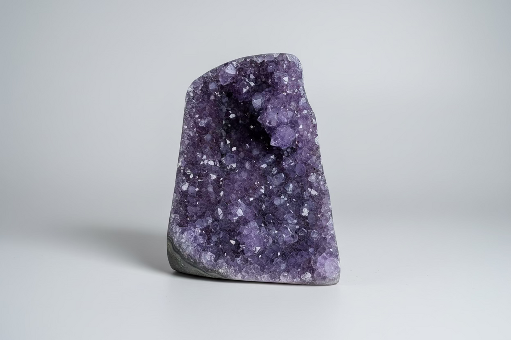 Amethist geode cut base Š paarse kristallen binnenkant op natuurlijke ondergrond