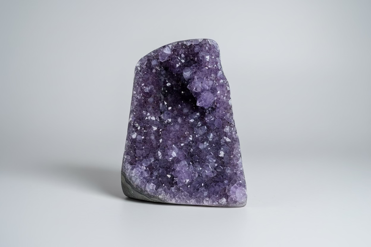 Amethist geode cut base Š paarse kristallen binnenkant op natuurlijke ondergrond
