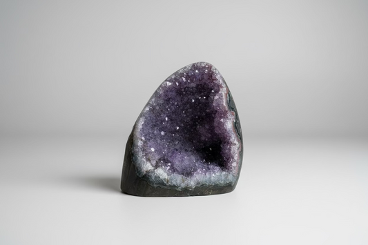 Amethist geode cut base Š paarse kristallen binnenkant op natuurlijke ondergrond