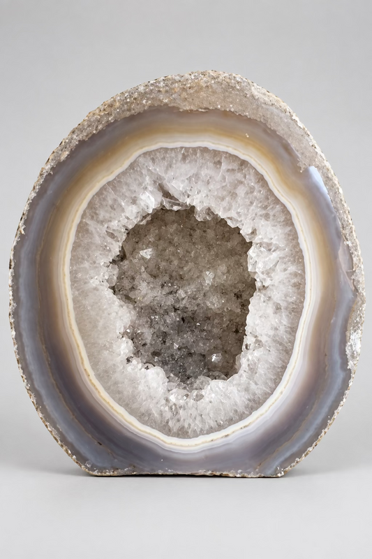 Agaat mini geode met grijze, beige en crèmekleurige banden rondom een open holte met glinsterende druzy