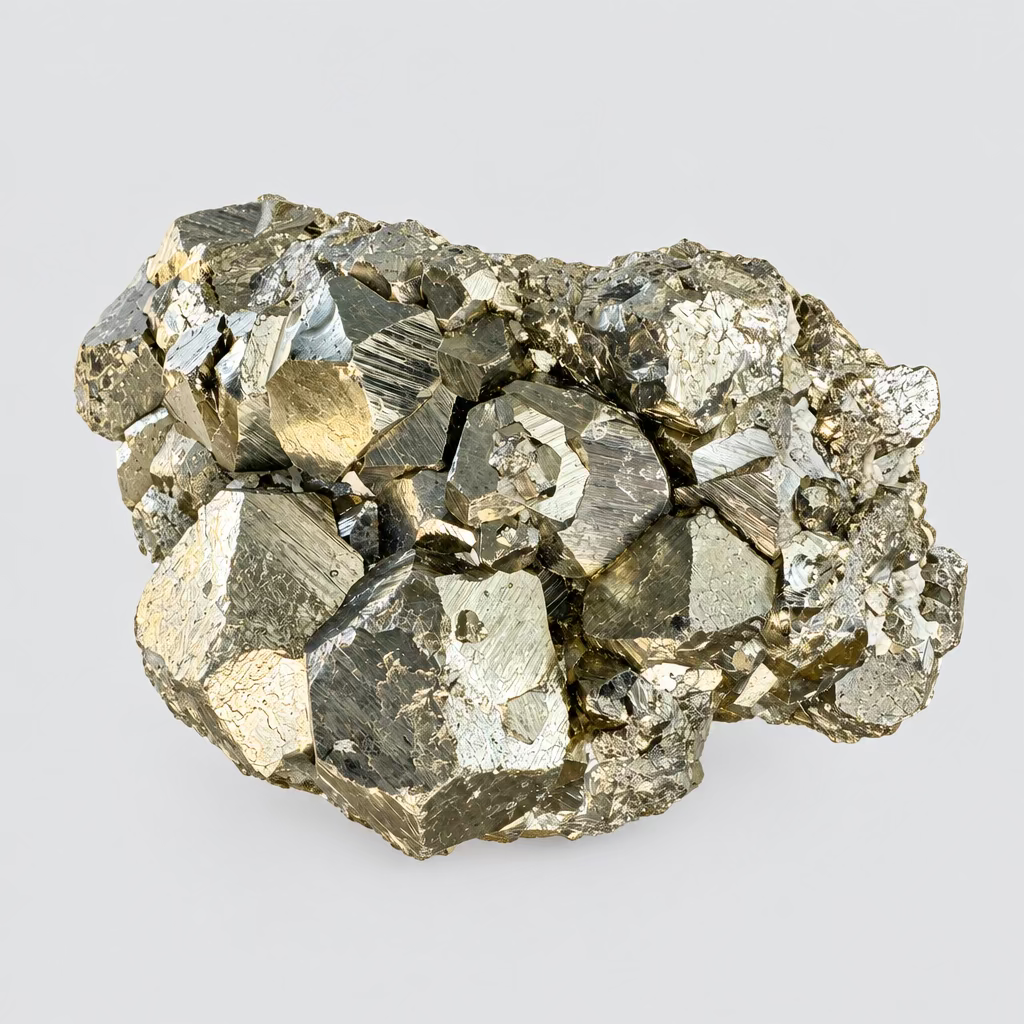 Pyrietcluster met goudkleurige metaalglans en hoekige kristallen, 146 gram en 6,5 cm.