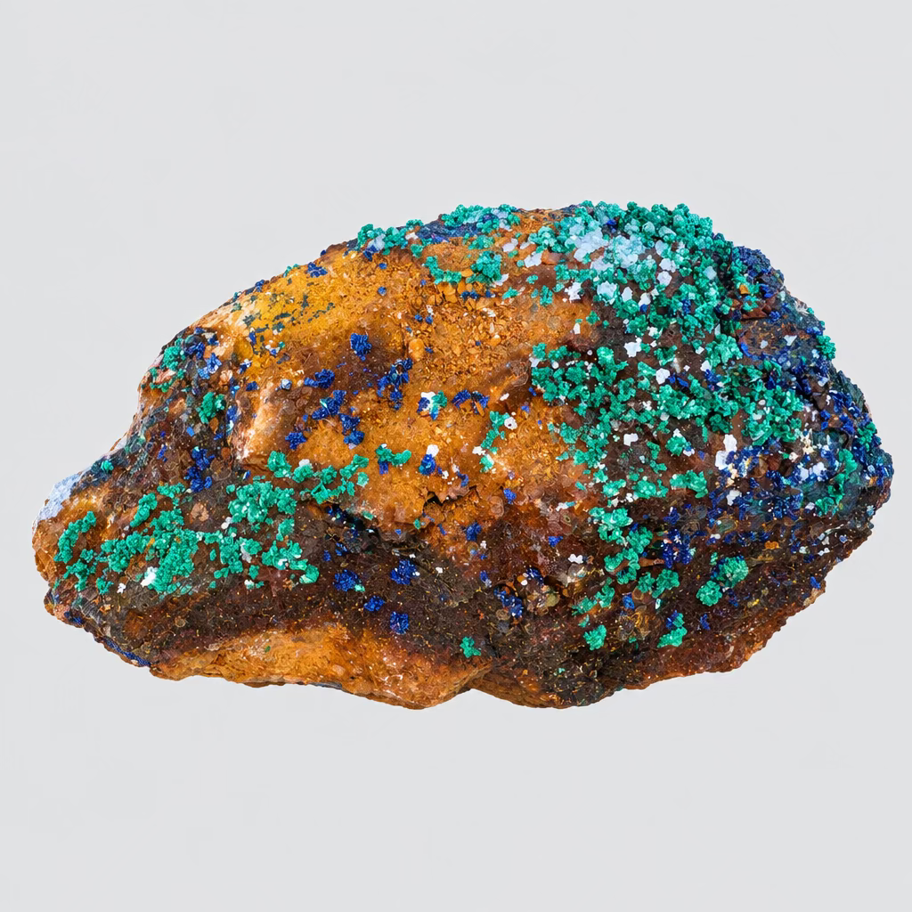 Azuriet met malachiet van 130 gram met groene kristalclusters, blauwe accenten en witte kristallen op een roestbruine matrix.