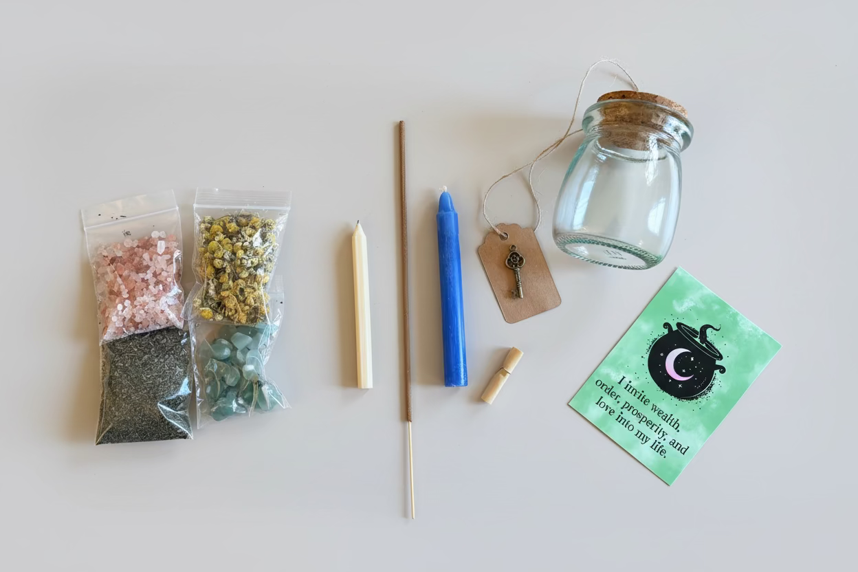 Glazen potje gevuld met groene aventurijn, kamille en munt, groene kaarsvet erbovenop