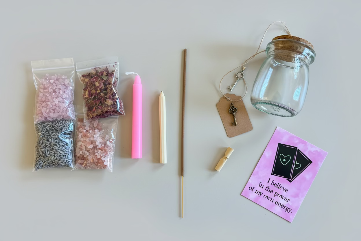 Glazen potje met rozenkwarts, lavendel, rozenblaadjes en roze kaarsvet erbovenop