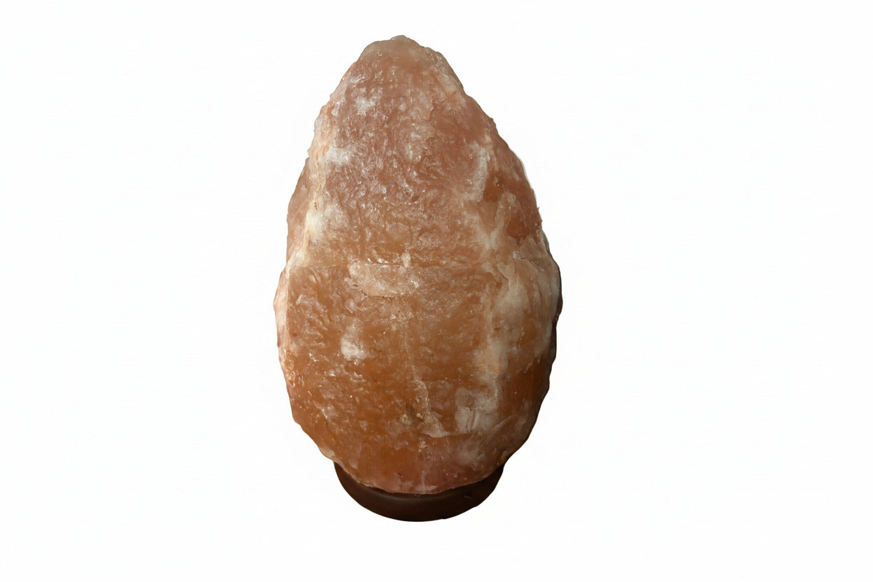 Himalaya zoutlamp XL ca. 13 kg op houten voet, warm oranje-roze gloed, natuurlijke ruwe vorm