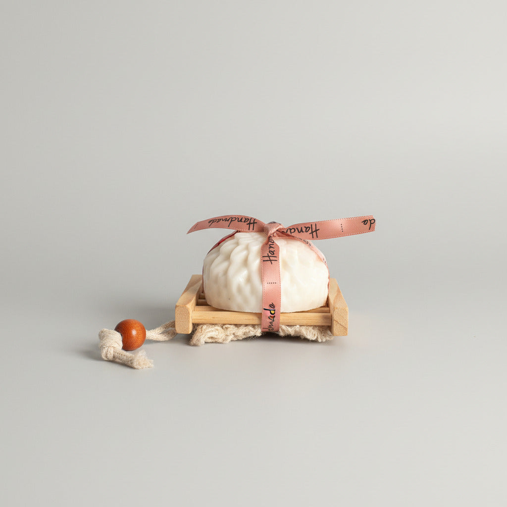 Witte handgemaakte sheabutter bloemenzeep op houten zeeprekje met sisaltouw zakje en handmade lint