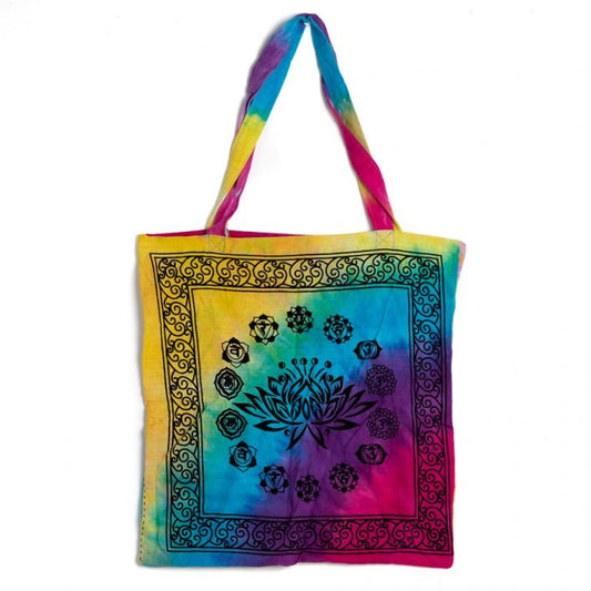 Tie-dye regenboog tote tas met lotus en chakra print, 45 cm