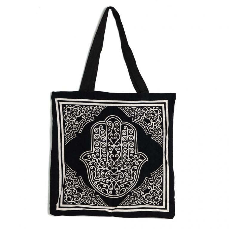 Zwart-witte tote tas met hamsa hand print, 45 cm