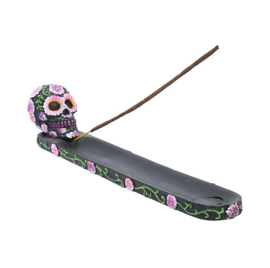 Mexicaanse calavera schedel wierookbrander met violette bloemen