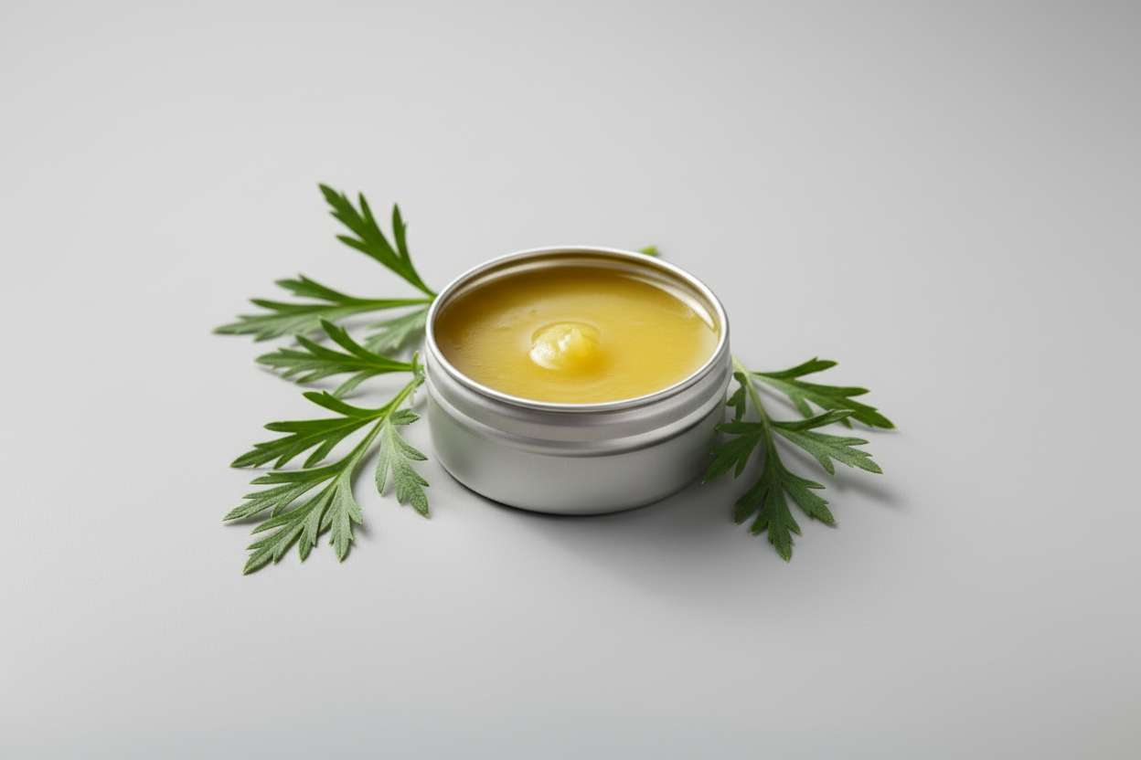 Handgemaakte bijvoet zalf in rond aluminium blikje met verse bijvoet (Artemisia vulgaris)