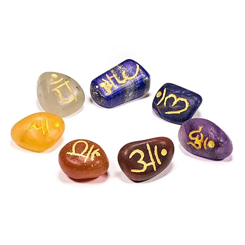 Chakra Stone Set 7 Stones with Sanskrit - In Velvet Pouch