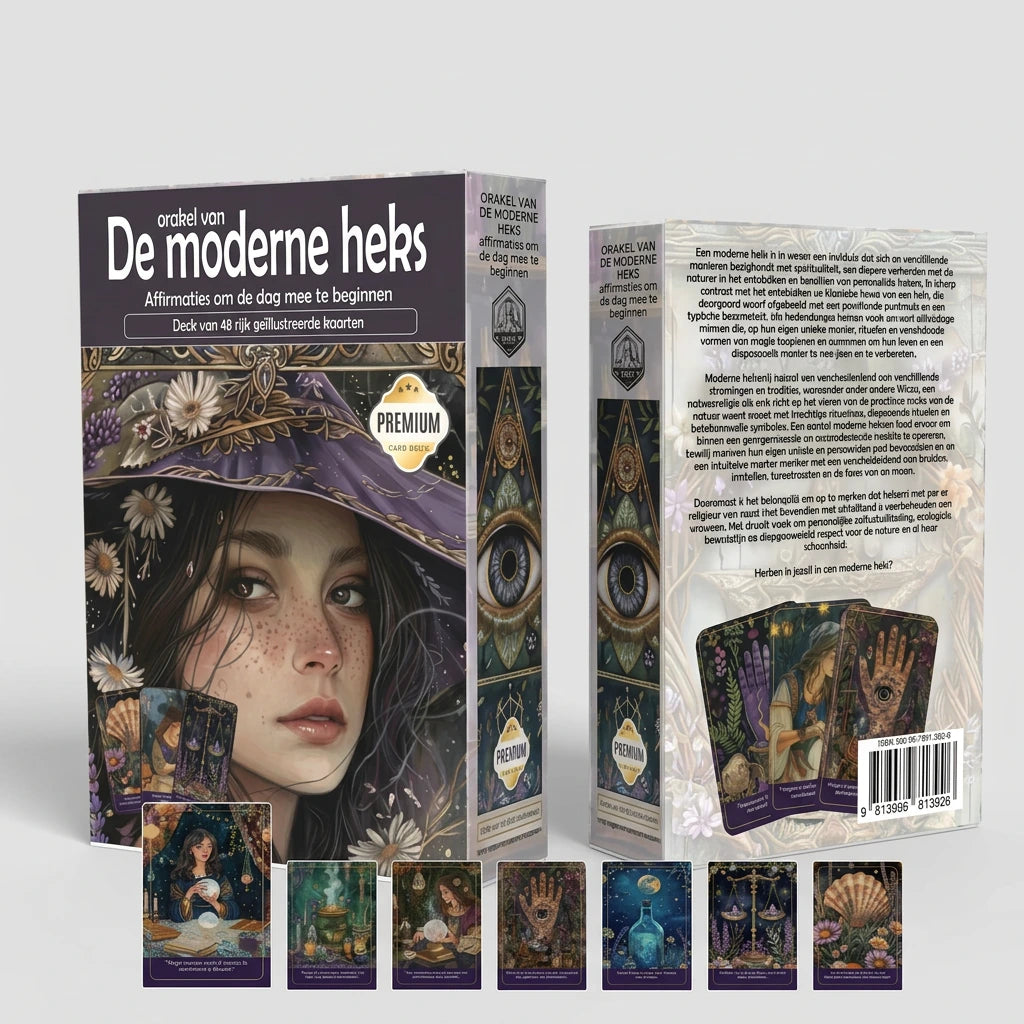 Voorzijde en achterzijde van De moderne heks kaartendeck met een selectie geïllustreerde affirmatiekaarten.