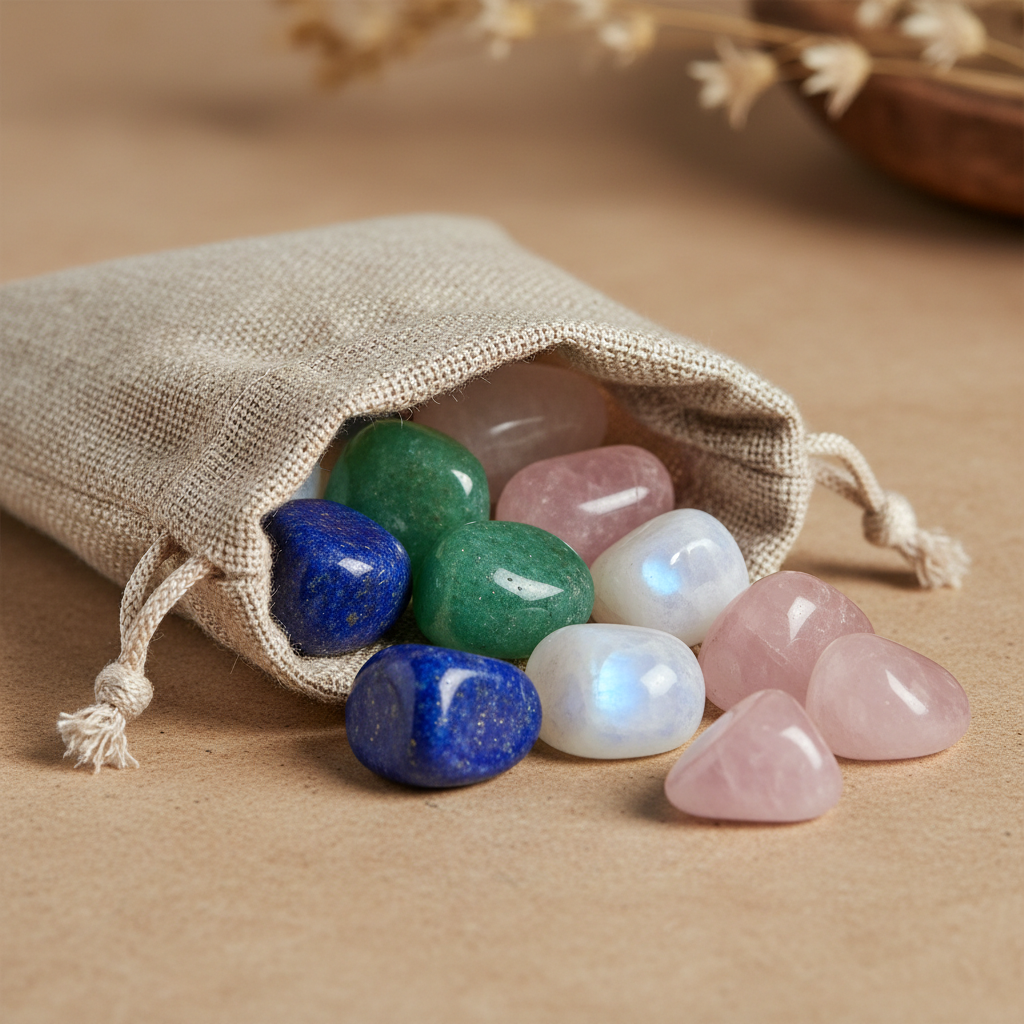 edelsteen zakje met trommelstenen lapis lazuli, groene aventurijn, maansteen en rozenkwarts