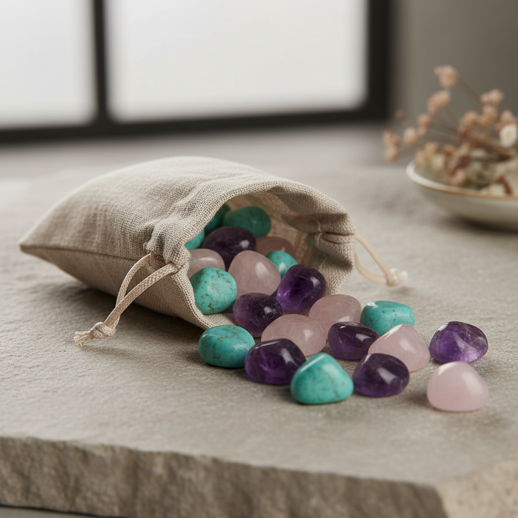 edelsteenzakje met trommelstenen amazoniet, amethist en rozenkwarts