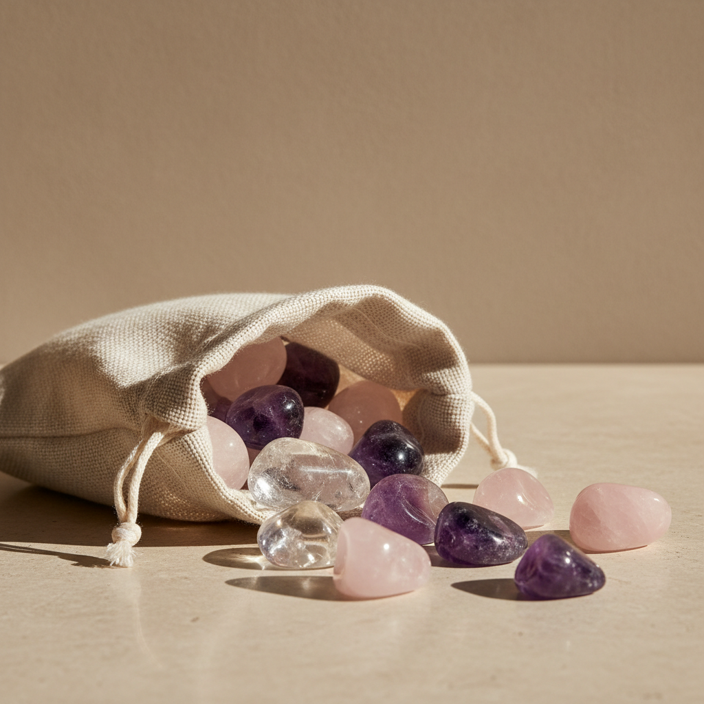 edelsteenzakje met trommelstenen bergkristal, amethist en rozenkwarts