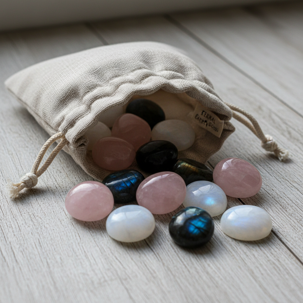 edelsteenzakje met trommelstenen rozenkwarts, maansteen en labradoriet