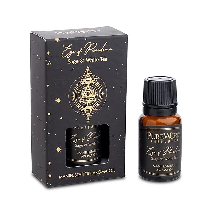 Klein flesje aroma-olie met oog van providence etiket en salie-thee geur
