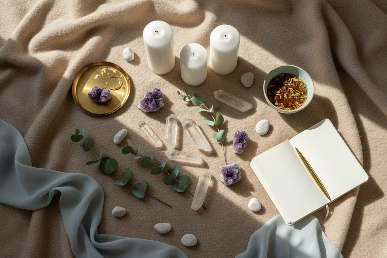 Verpakte januari maandbox met kristal en rituelen