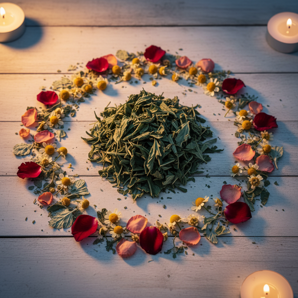 Gaia Yoni Stoom – Moon Cycle RituaEen flat lay van bijvoet, frambozenblad, rozenblaadjes en kamille op een houten ondergrond met warme kaarslicht-sfeer