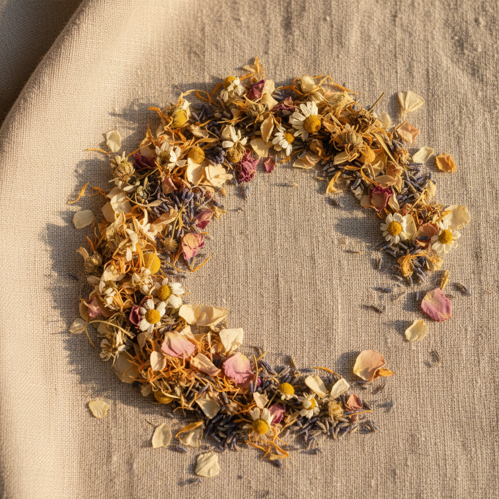 Calendula, kamille, lavendel en rozenblaadjes op een linnen ondergrond met zachte, pastelkleurige belichting 