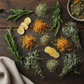 Rozemarijn, gedroogde gember, calendula en bijvoet op een donkere houten ondergrond met een aardende, warme sfeer.
