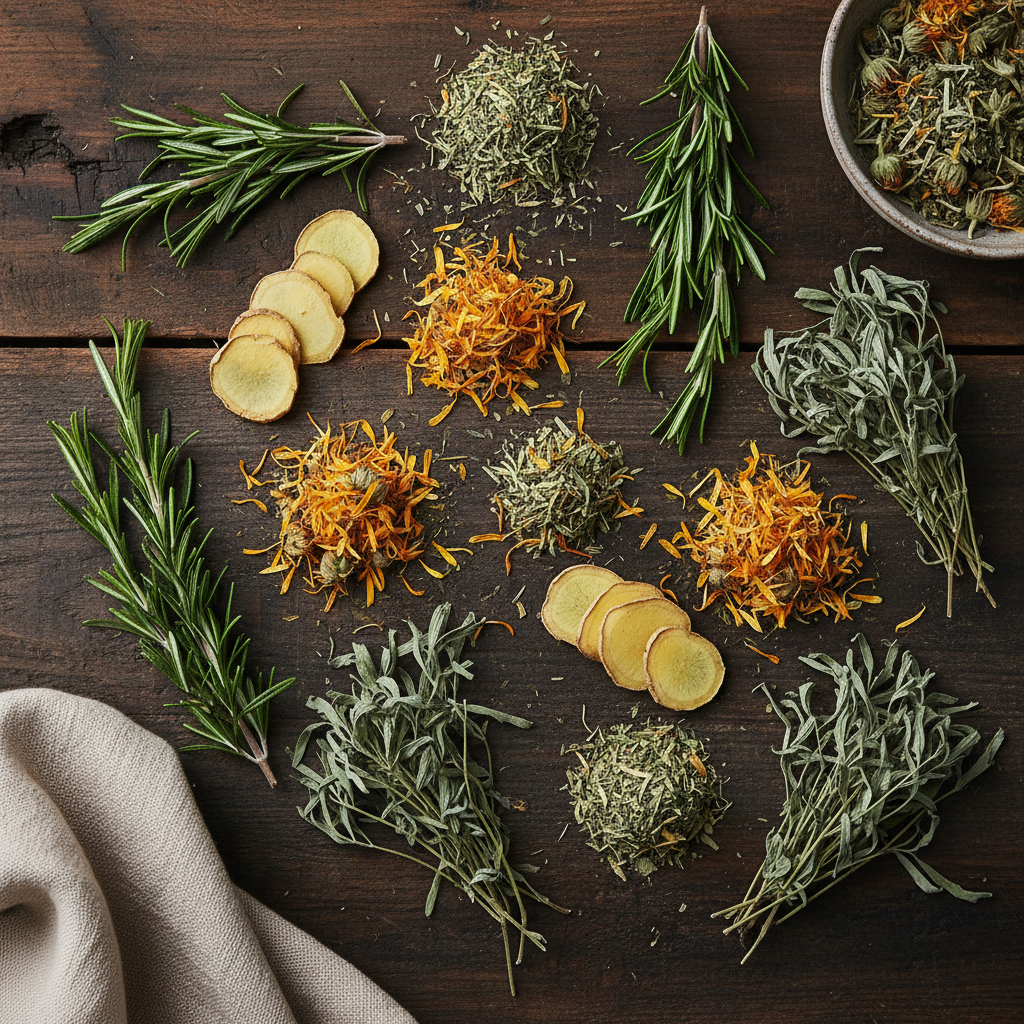 Rozemarijn, gedroogde gember, calendula en bijvoet op een donkere houten ondergrond met een aardende, warme sfeer.