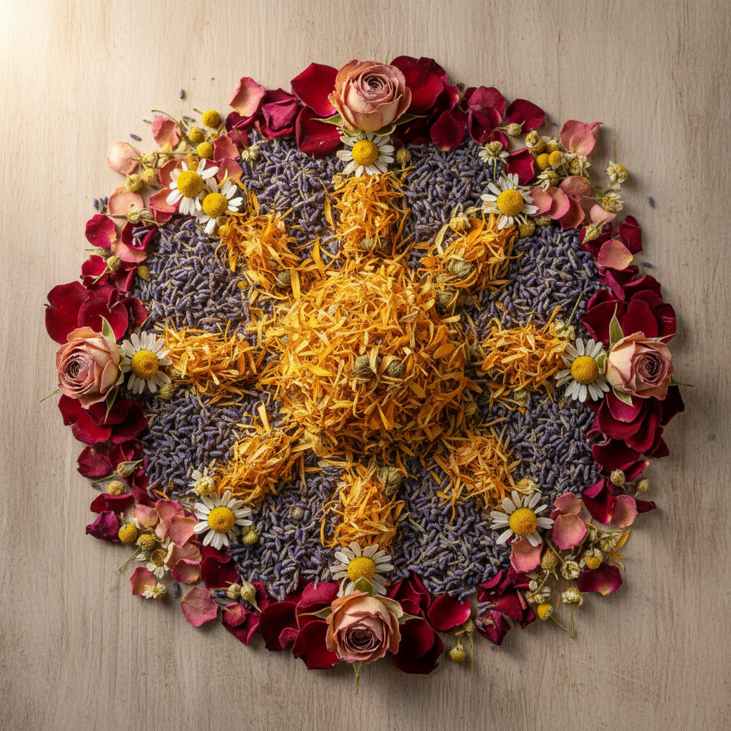 Calendula, lavendel, kamille en rozenblaadjes op een houten ondergrond met zachte, warme belichting. 