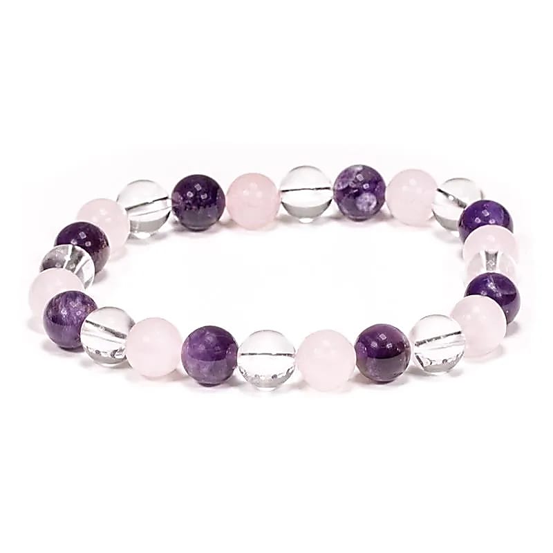 Armband met gouden driehoek en amethist, bergkristal, rozenkwarts kralen
