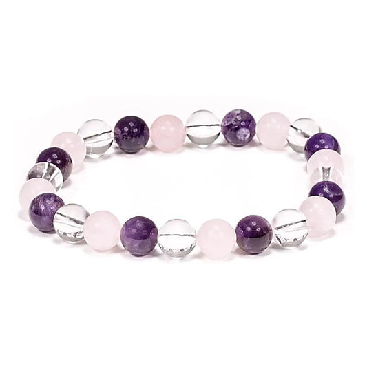 Armband met gouden driehoek en amethist, bergkristal, rozenkwarts kralen