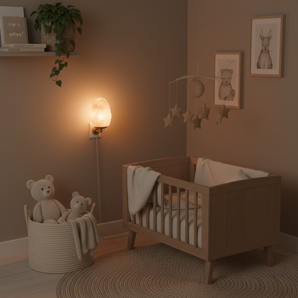 Een warm gloeiend Himalaya zout nachtlampje in een rustige babykamer met een houten bedje en zachte witte linnen