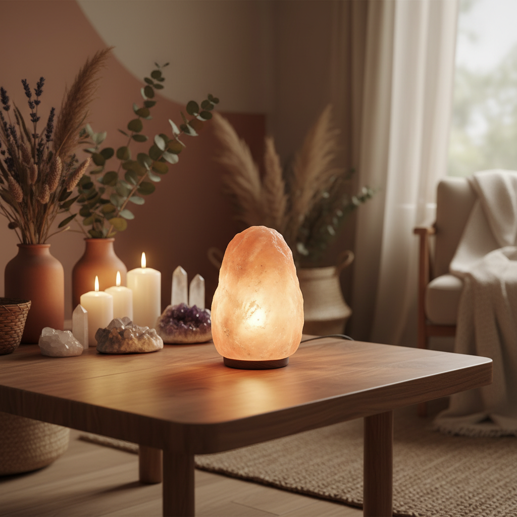 Een gloeiende Himalaya zoutlamp op een houten ondergrond met warm amber licht, kaarsen, kristallen en gedroogde planten op de achtergrond