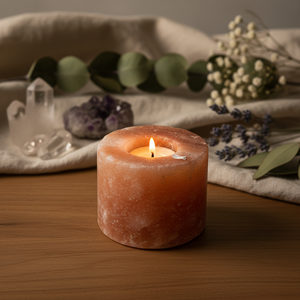 Een donkerroze Himalaya zoutsteen waxinelichthouder met warm kaarslicht op een houten ondergrond, met kristallen en gedroogde bloemen op de achtergrond