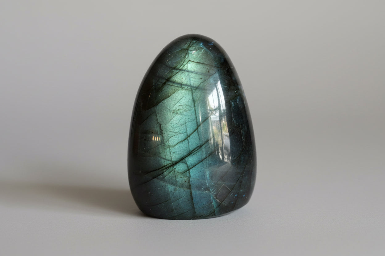 Labradoriet sculptuur met blauwe en groene flash